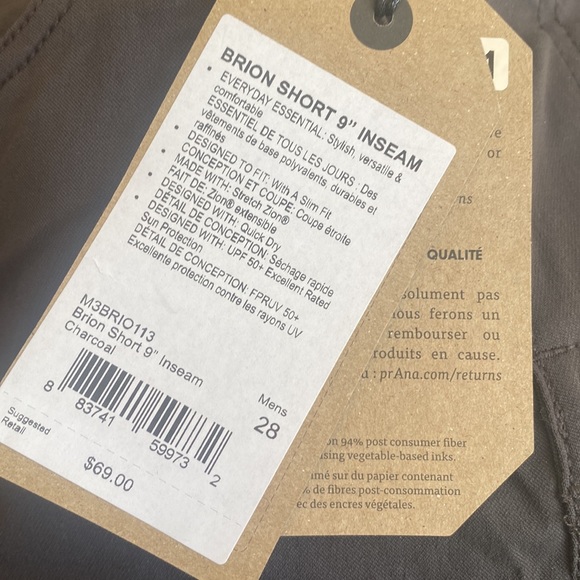 (A53) PRANA Men's Brion 9" Shorts in Charcoal, Size 28, NWT - Picture 8 of 13